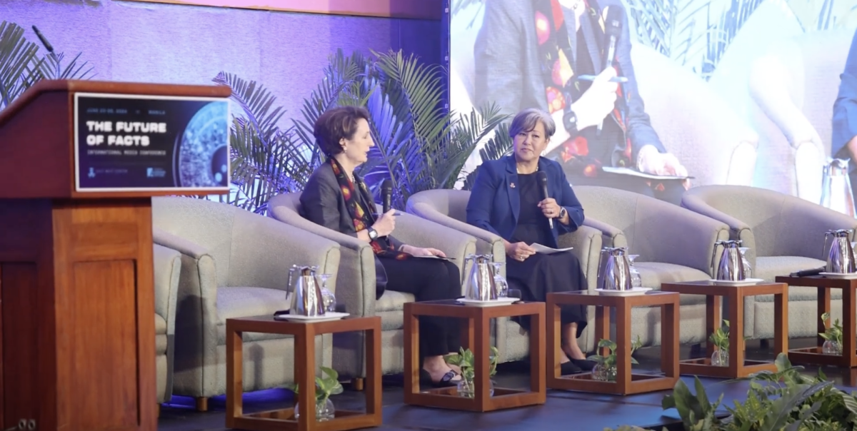 East-West Center President Suzanne Vares-Lum (right) interviews U.S. ambassador to the Philippines MaryKay Carlson at the International Media Conference in Manila.